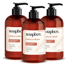 Soapbox vanilla bean front packaging shows bottle and clear benefits