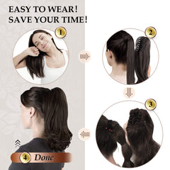SOFEIYAN model wearing high ponytail demonstrating added length and bounce