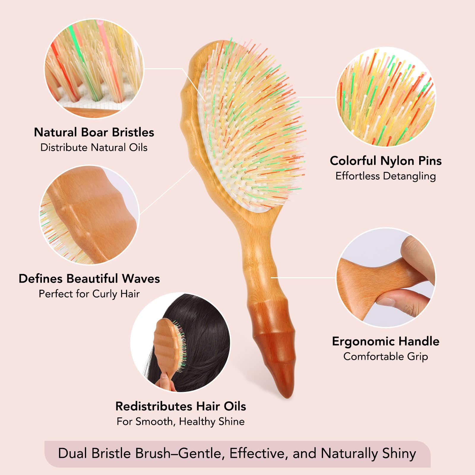 Sofmild close-up of boar bristles and nylon pins for gentle detangling