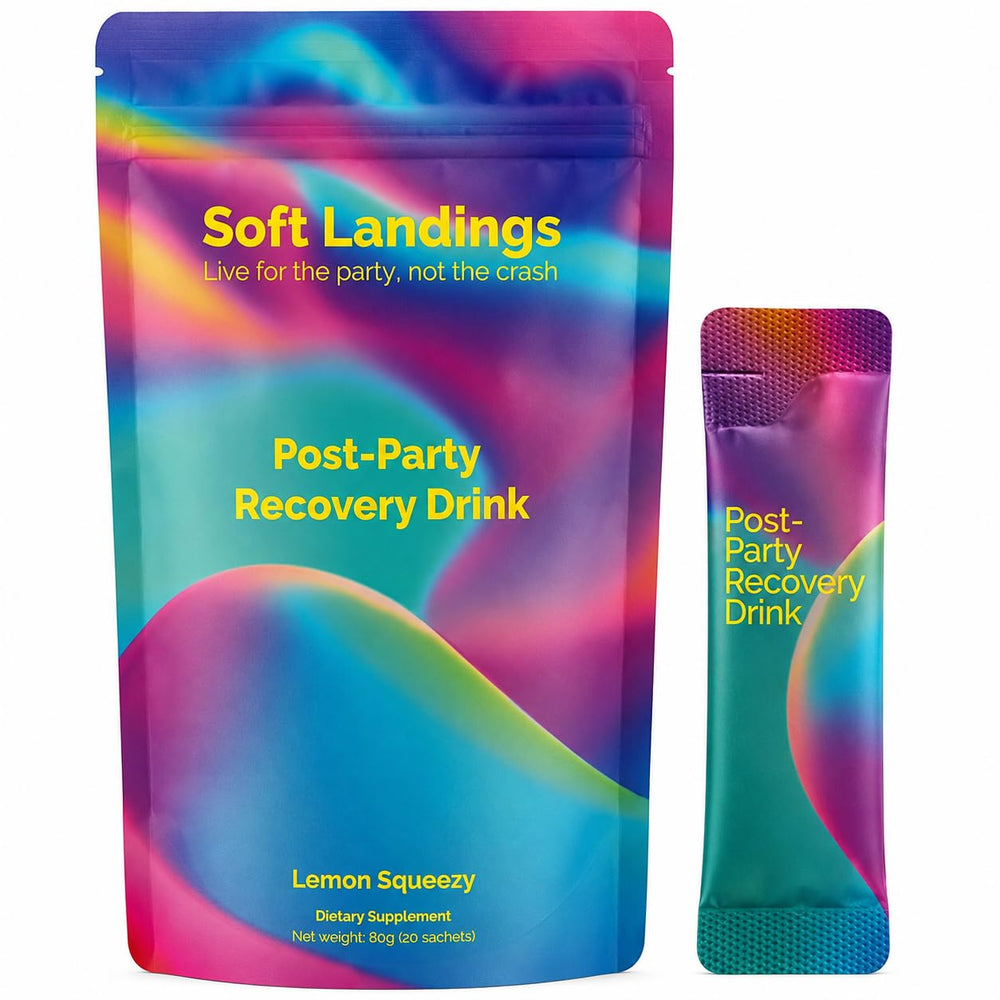 Soft Landings Post Party front packaging showing compact 80g tub for easy recovery