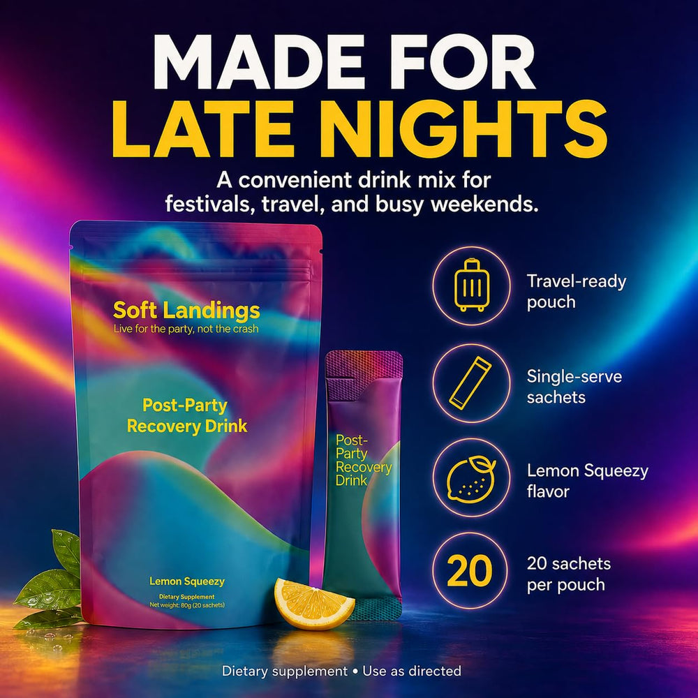 Glass with mixed Soft Landings drink demonstrating quick rehydration solution