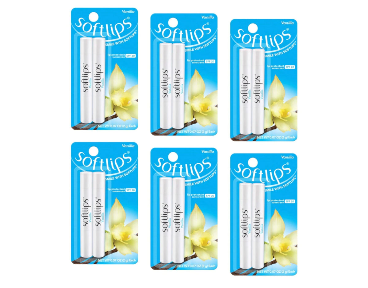 SoftLips front view of 12-pack showing vanilla protectant and SPF 20 benefit
