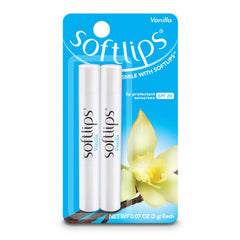 SoftLips front packaging showing vanilla flavor and SPF 20 protection