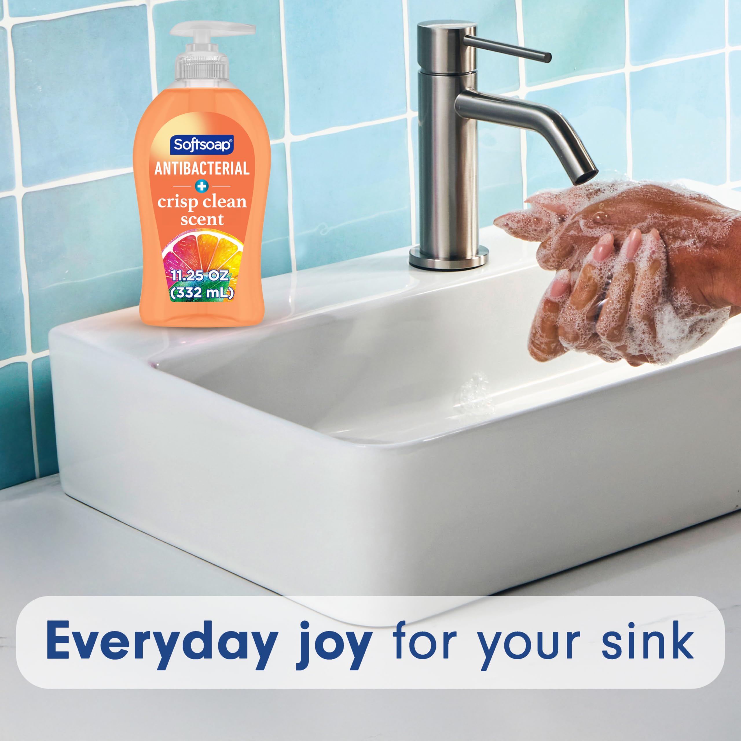 Softsoap bottle placed on bathroom vanity showing tidy, attractive sink display