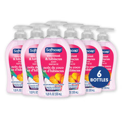 Softsoap front packaging showing six bottles and tropical scent appeal