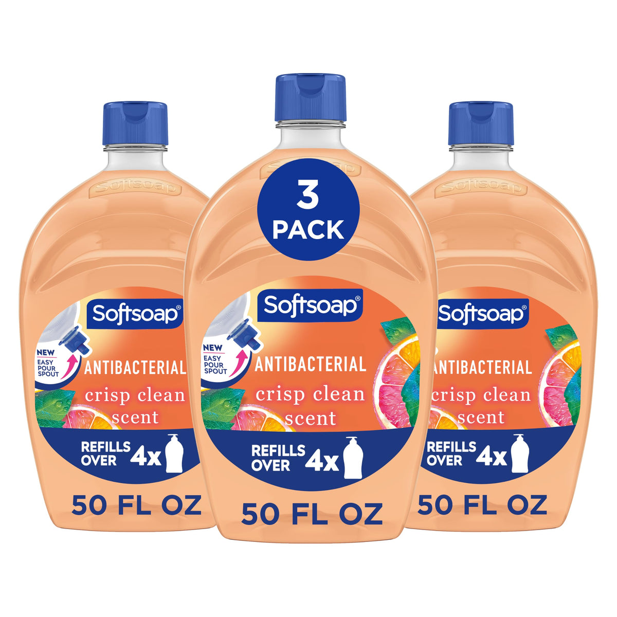 Softsoap front packaging showing 50 fl oz refill and easy-pour convenience
