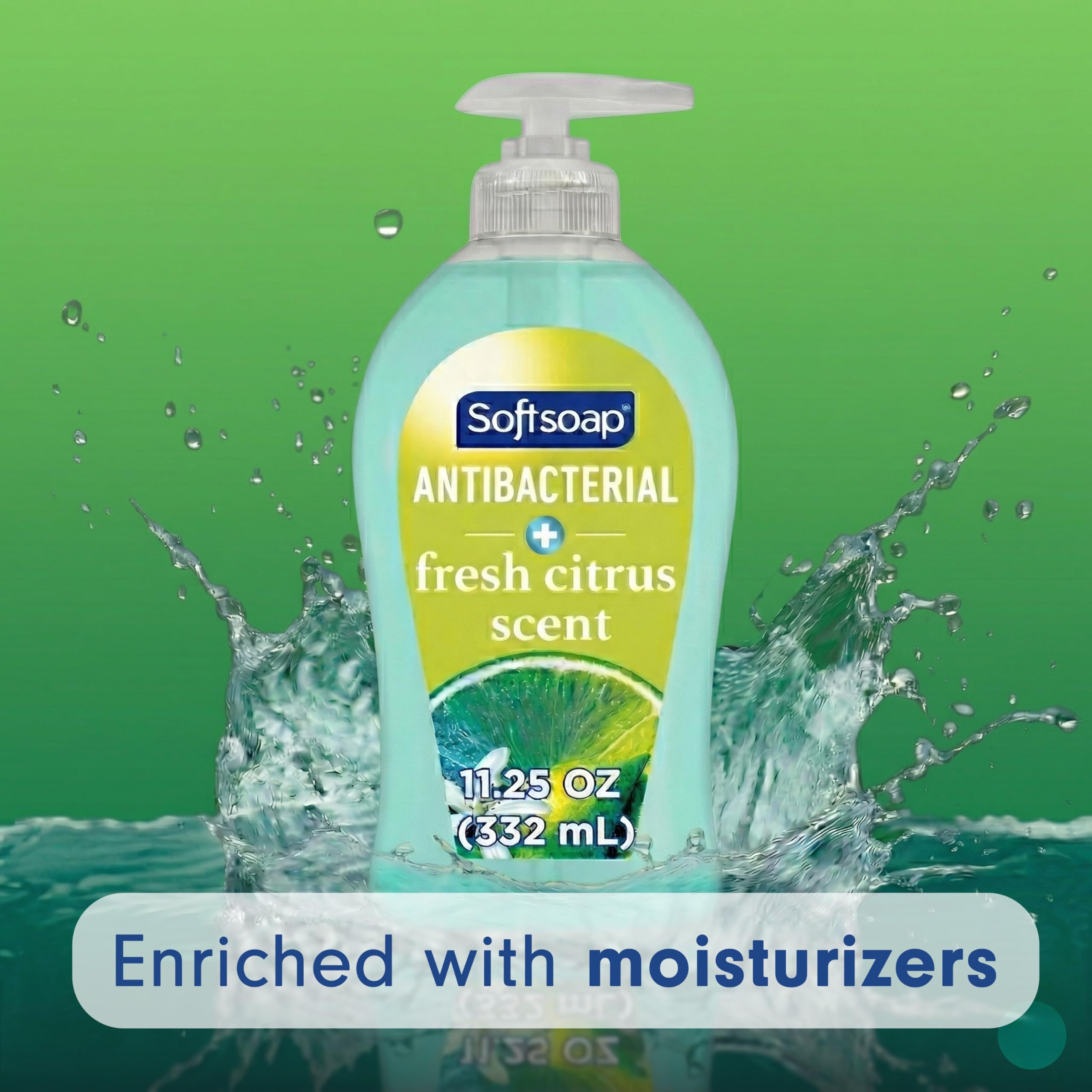 Softsoap bottle closeup label highlighting brand and antibacterial benefit