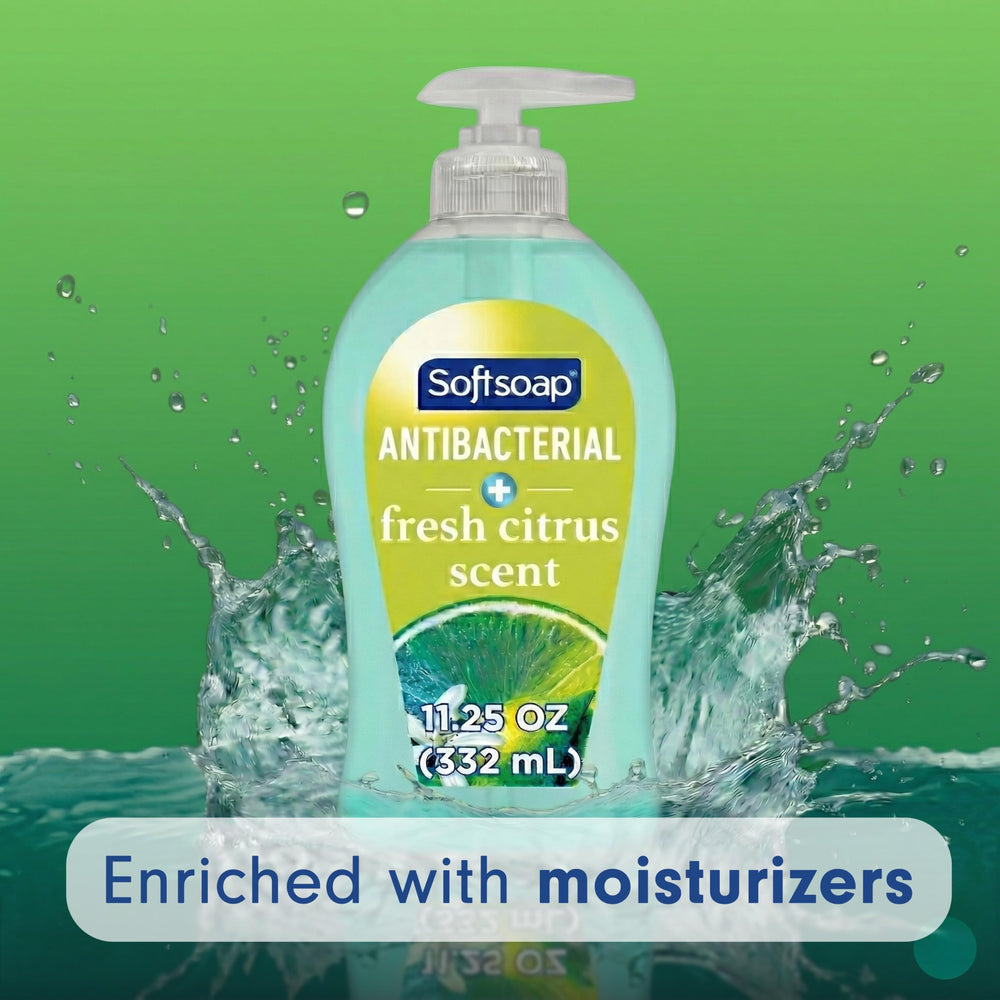 Softsoap bottle closeup label highlighting brand and antibacterial benefit