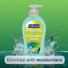 Softsoap bottle closeup label highlighting brand and antibacterial benefit