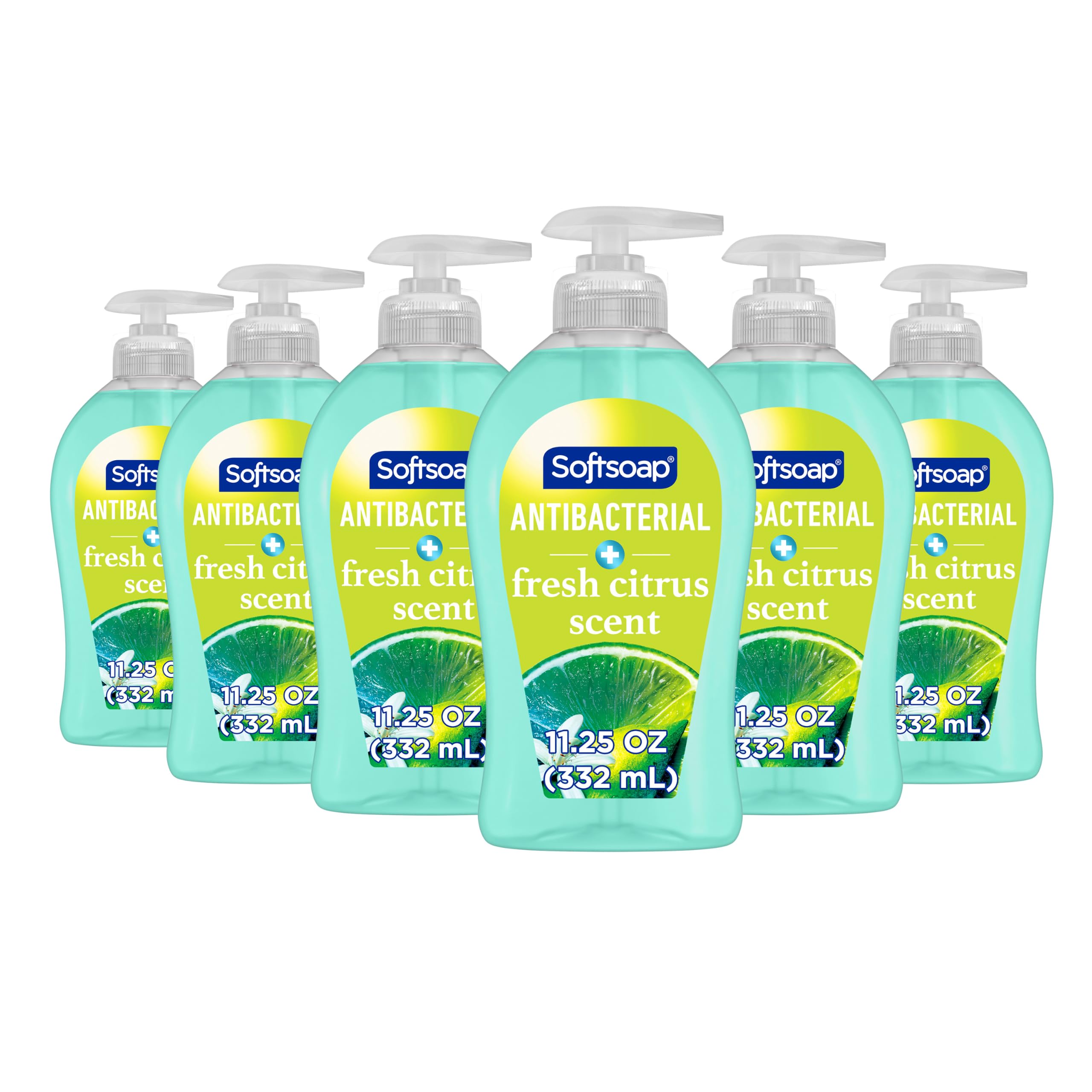 Softsoap front packaging showing six Fresh Citrus bottles and clear benefit