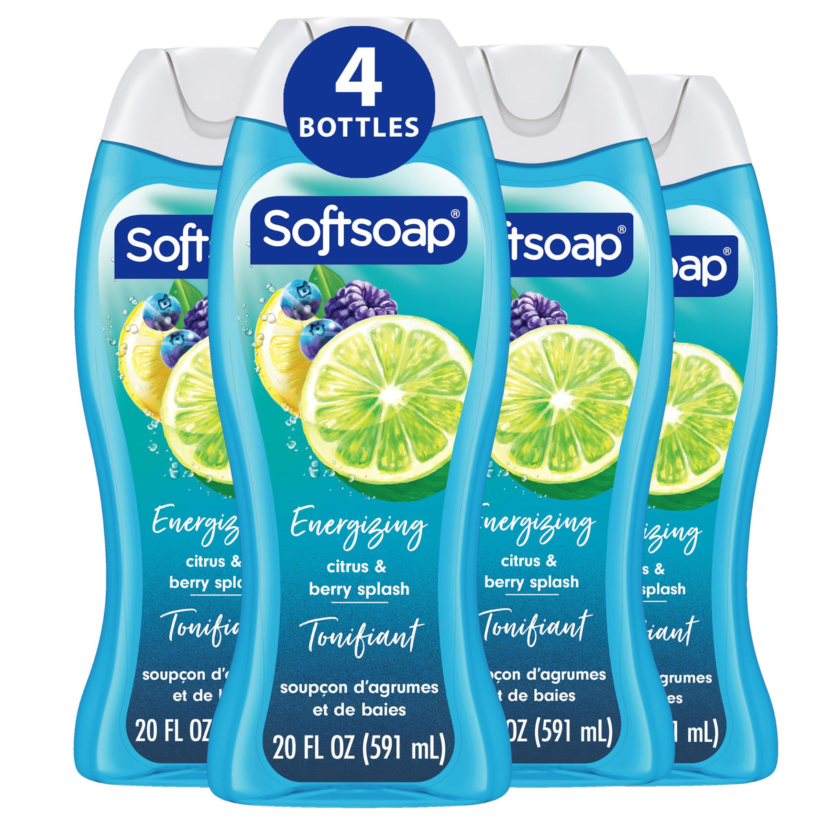 Softsoap front bottle showing Citrus and Berry Splash scent and easy-grip label benefit