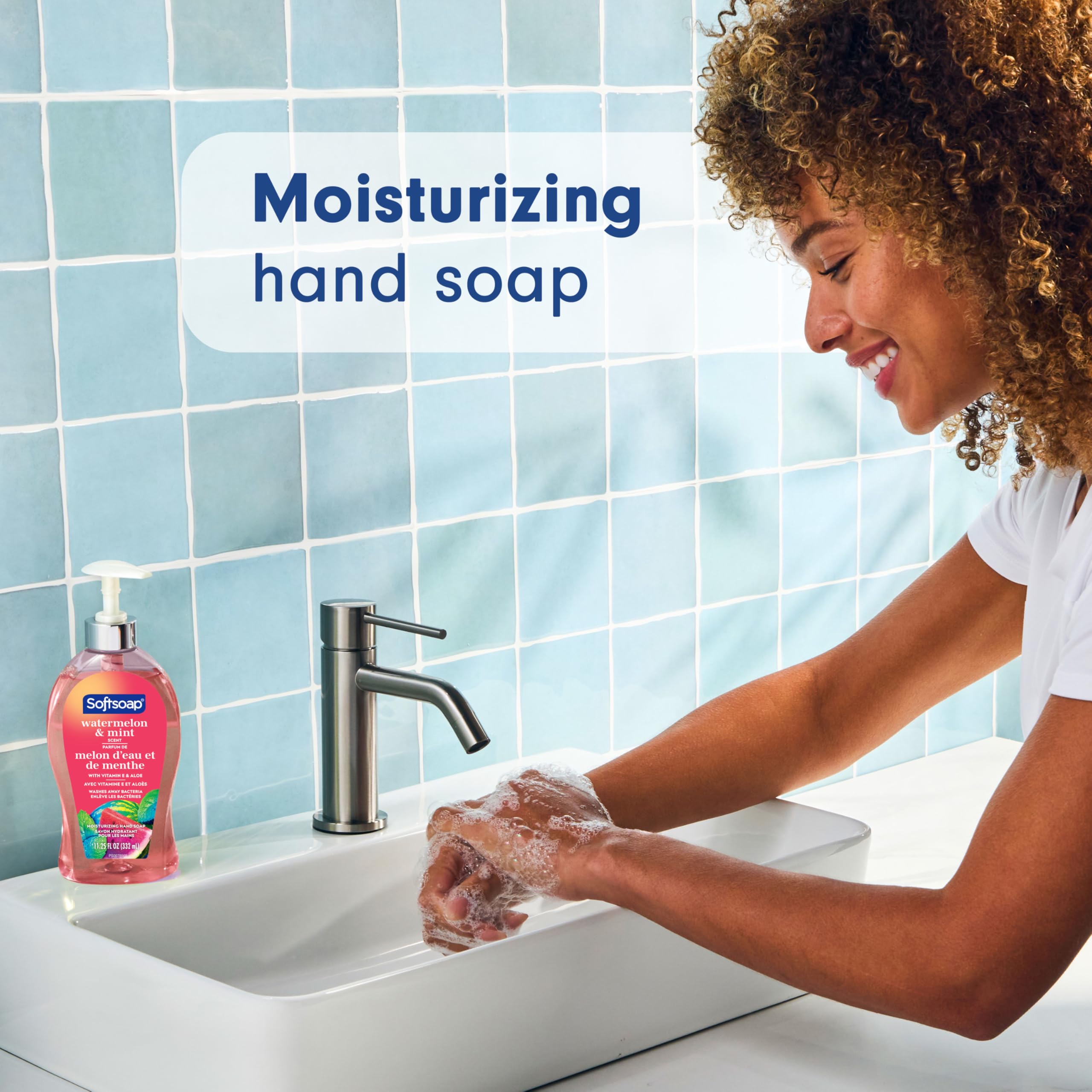 Softsoap in use at a kitchen sink demonstrating clean, refreshed hands