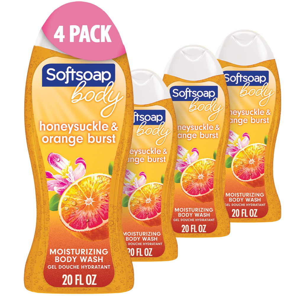 Softsoap front label showing honeysuckle and orange, bright cheerful packaging benefit