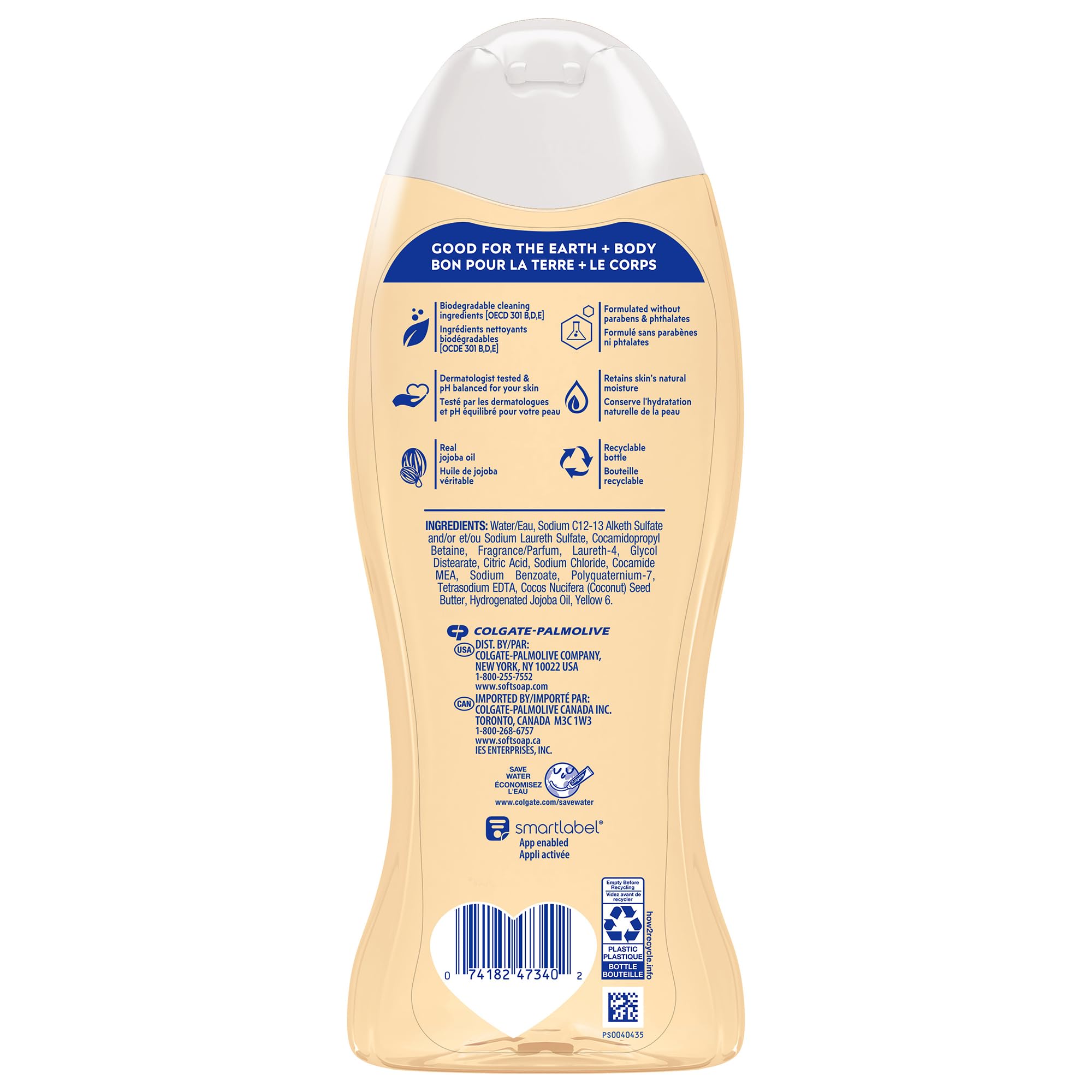 Softsoap bottle in hand demonstrating 591 mL size and easy pump use benefit