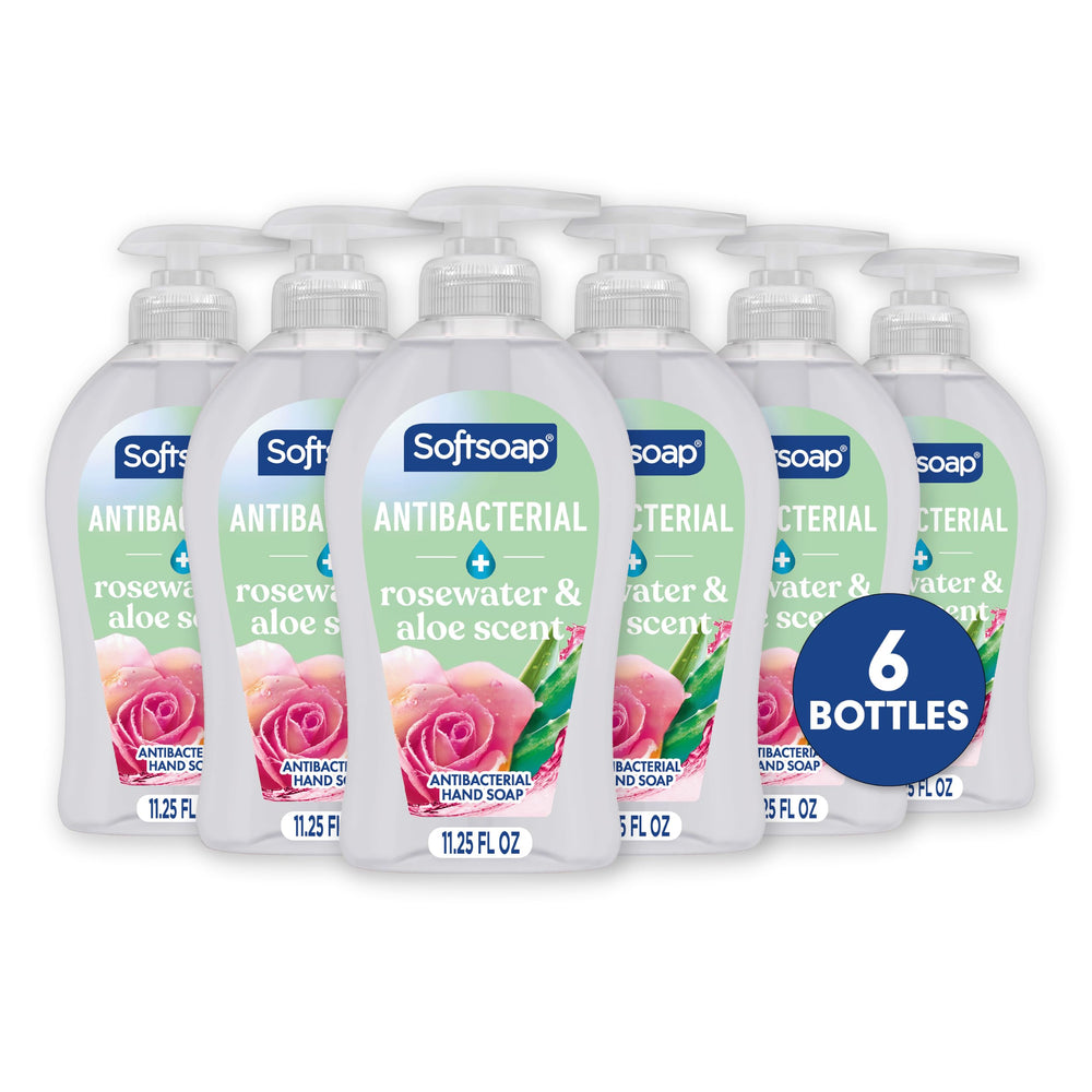 Softsoap bottle front packaging showing rosewater and aloe scent and easy dispensing benefit
