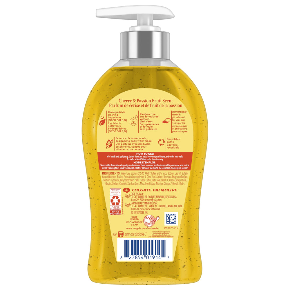 Cherry and passion fruit still life beside Softsoap conveying fruity scent uplift benefit