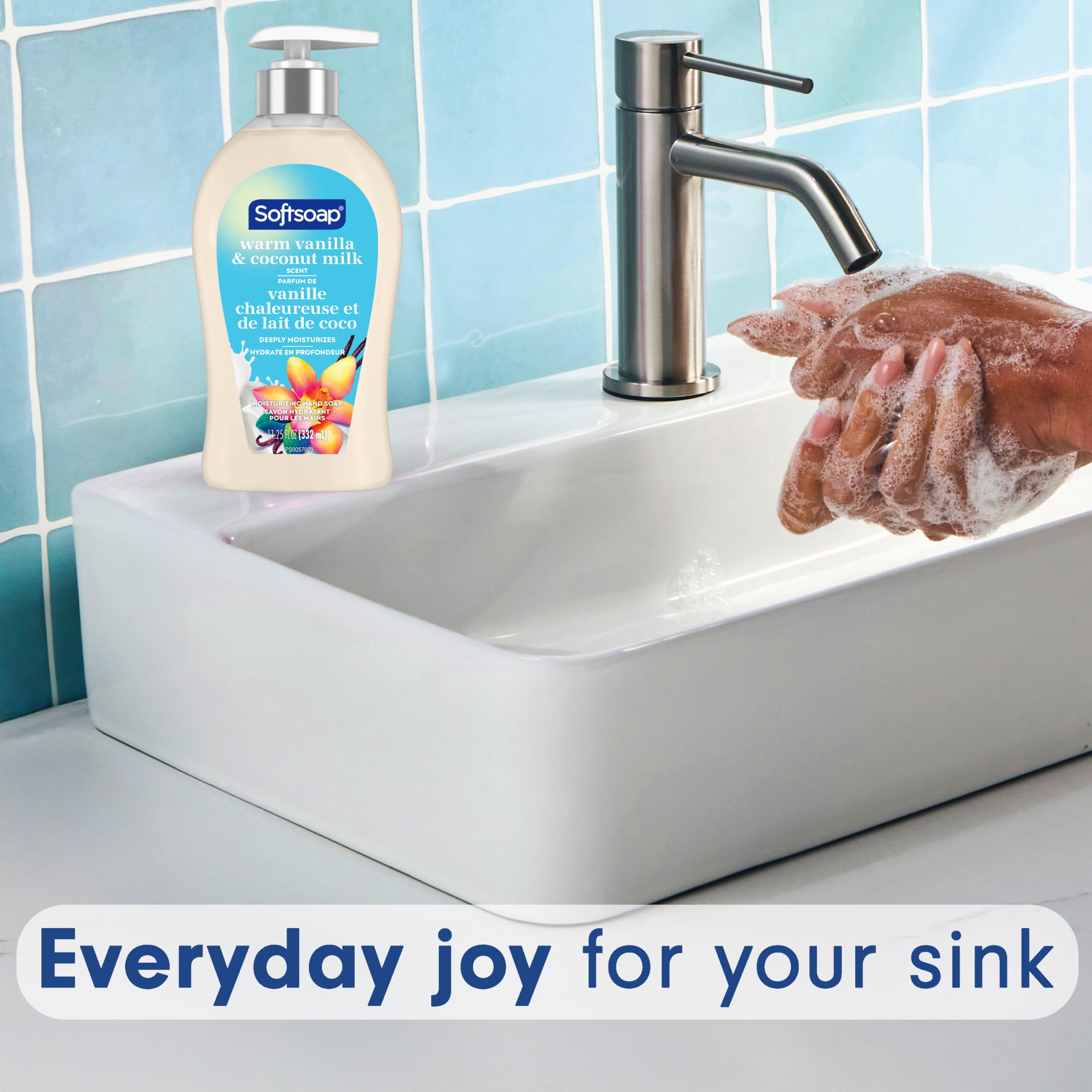 Softsoap bottle next to hand showing size and ergonomic pump scale