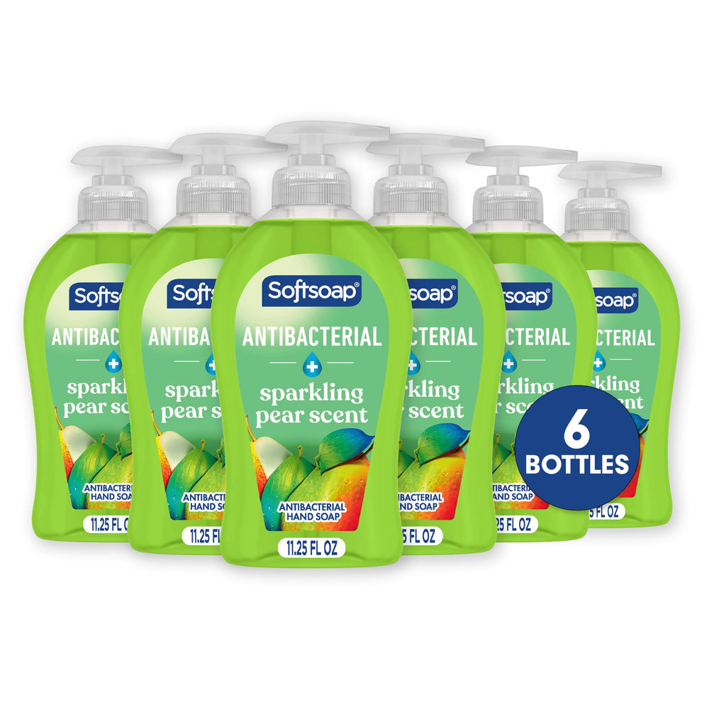 Softsoap front packaging showing sparkling pear scent and six pack benefits