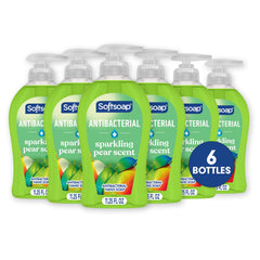 Softsoap front packaging showing sparkling pear scent and six pack benefits