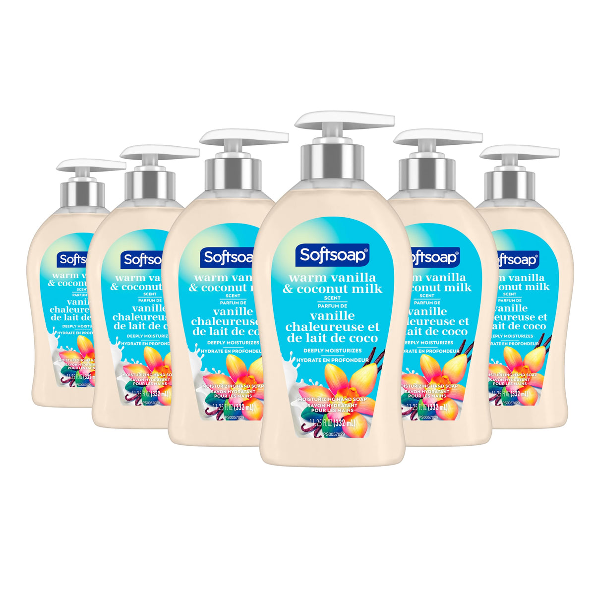 Softsoap front packaging showing warm vanilla and coconut milk fragrance and benefits