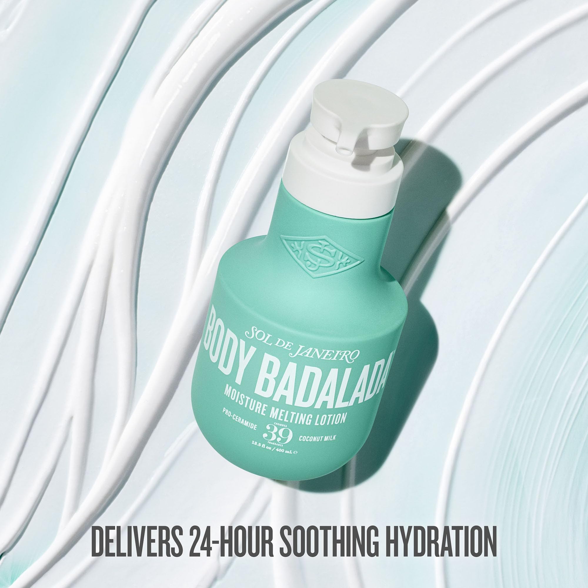 Sol de Janeiro lotion dispensed in hand illustrating quick absorption and lightweight feel