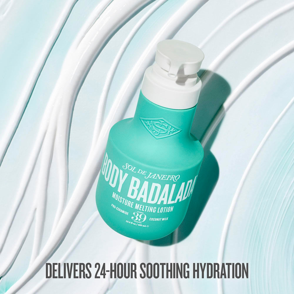 Sol de Janeiro lotion dispensed in hand illustrating quick absorption and lightweight feel