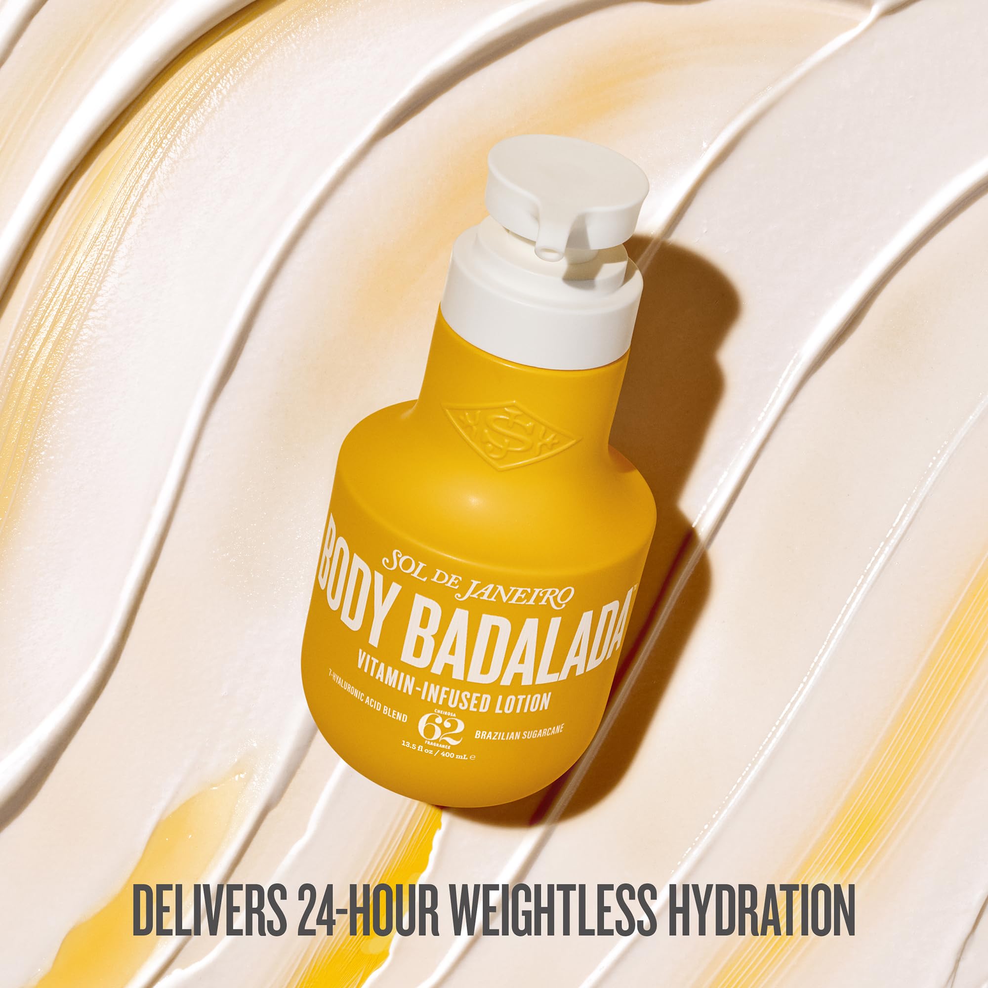 Sol de Janeiro lotion texture on hand, shows fast-absorbing silky finish benefit