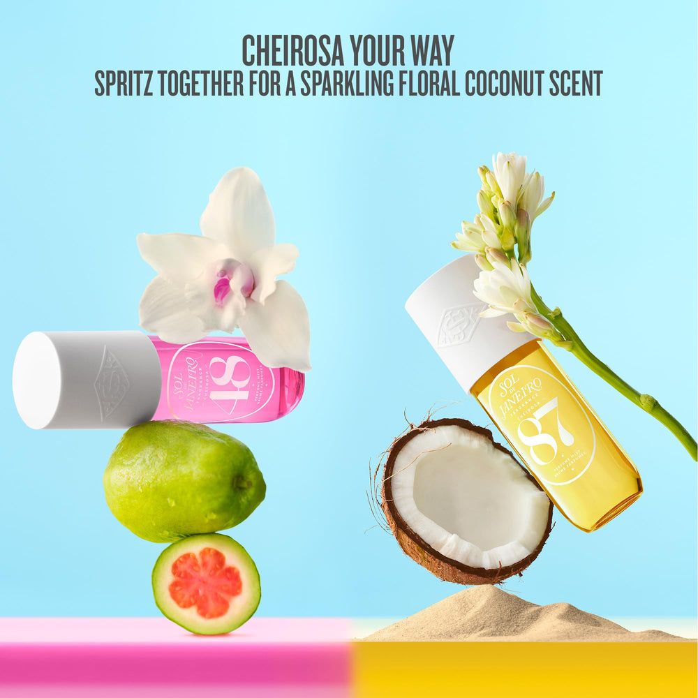 Sol de Janeiro bottle beside common items showing 240mL scale and travel amount.