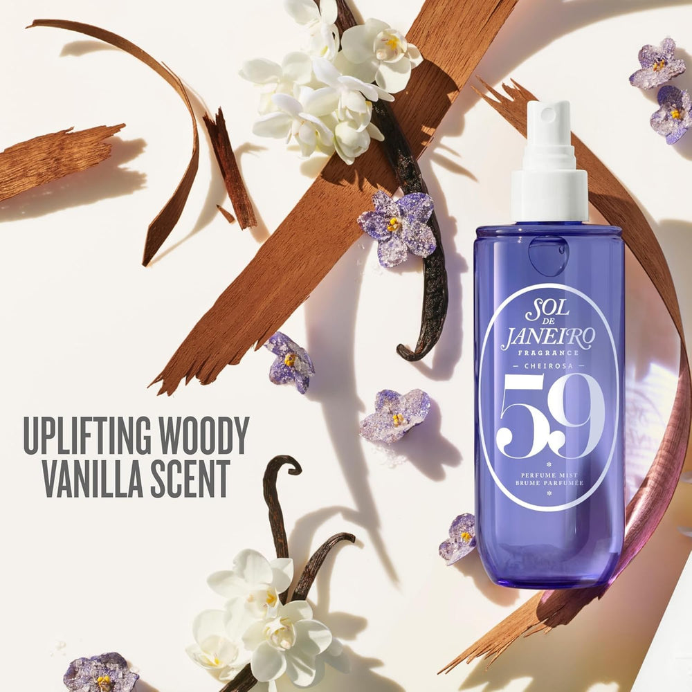 Sol de Janeiro bottle close-up mid-spray highlighting fine mist application and fresh diffusion benefit