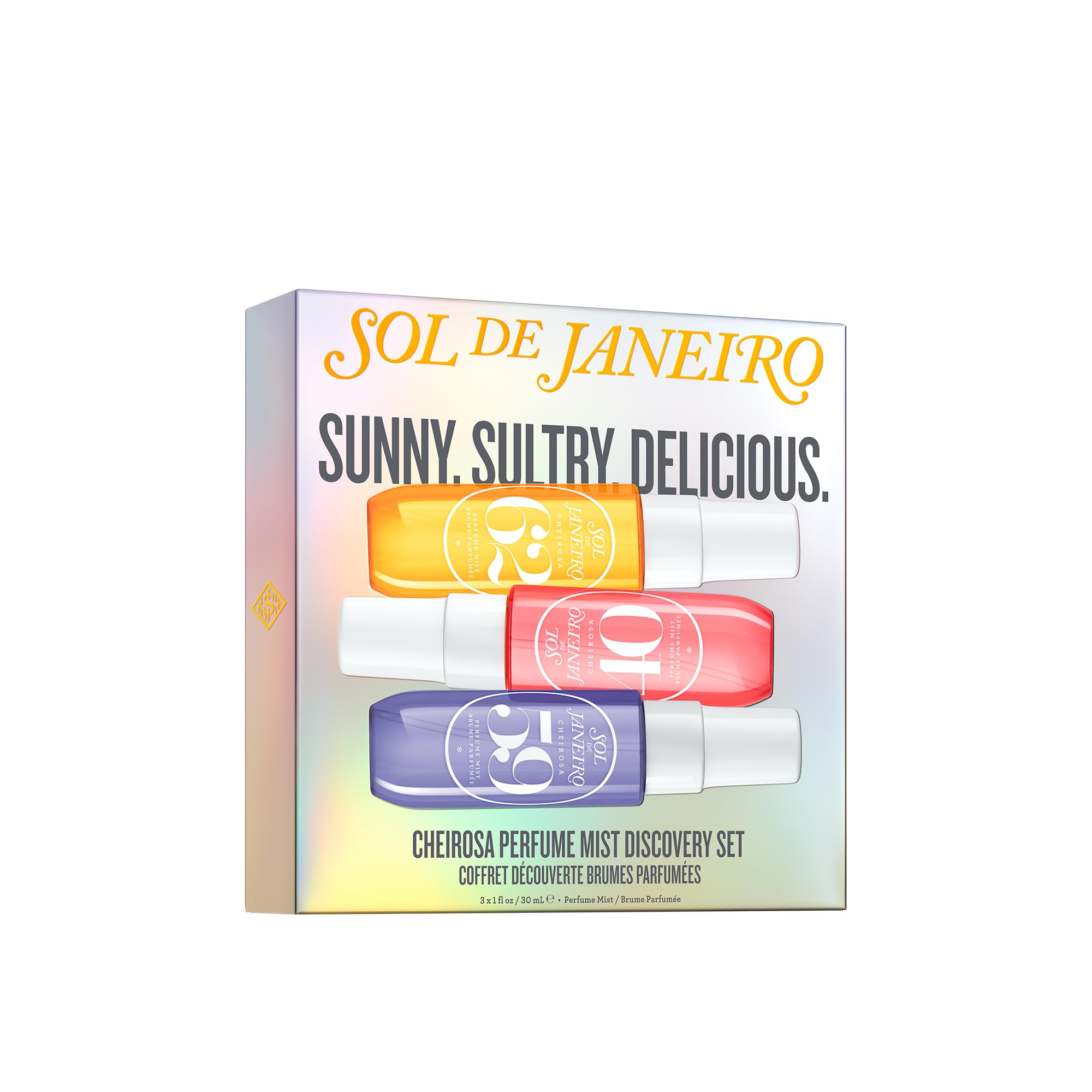 Sol de Janeiro front packaging showing three travel-size fragrance mists and gift-ready presentation