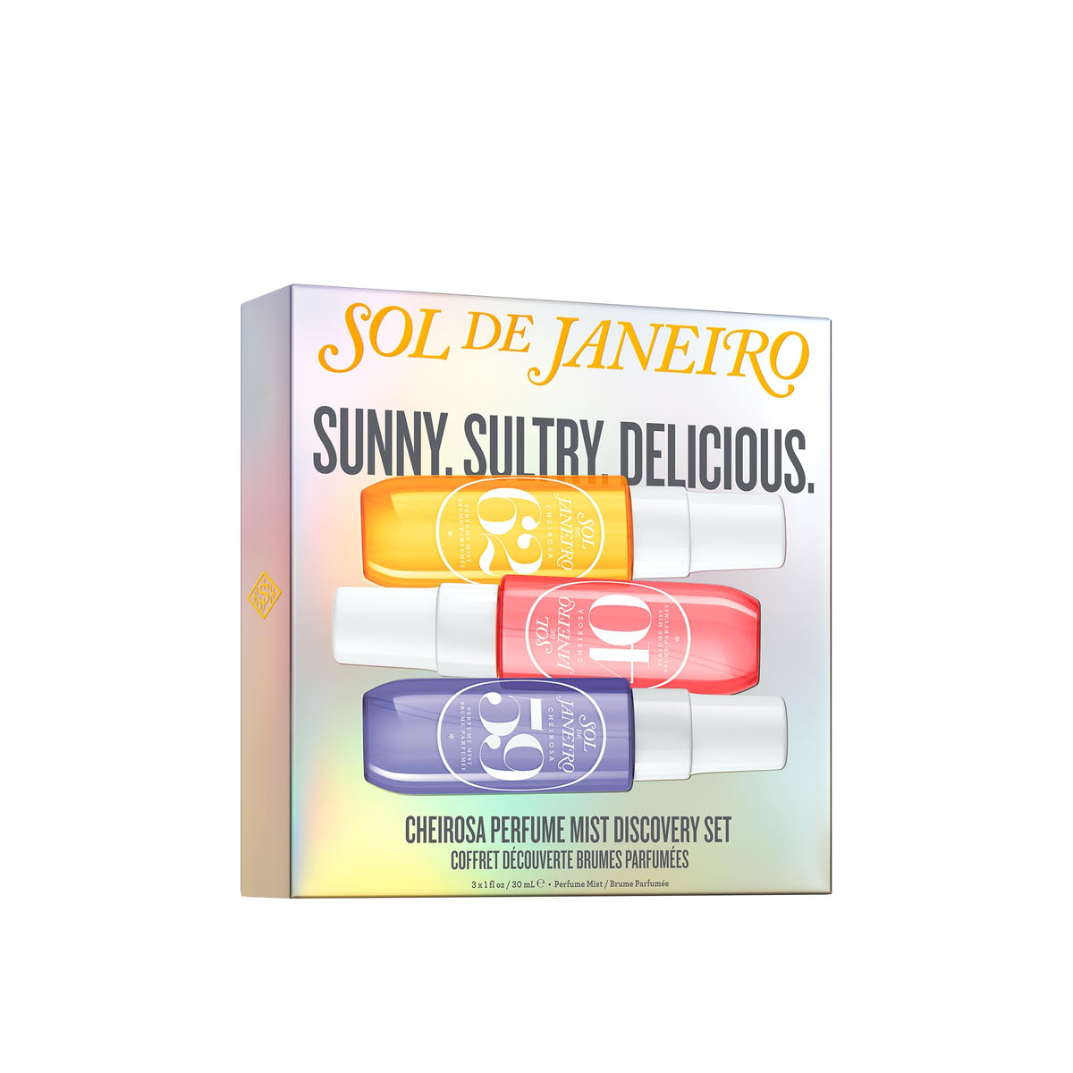Sol de Janeiro front packaging showing three travel-size fragrance mists and gift-ready presentation