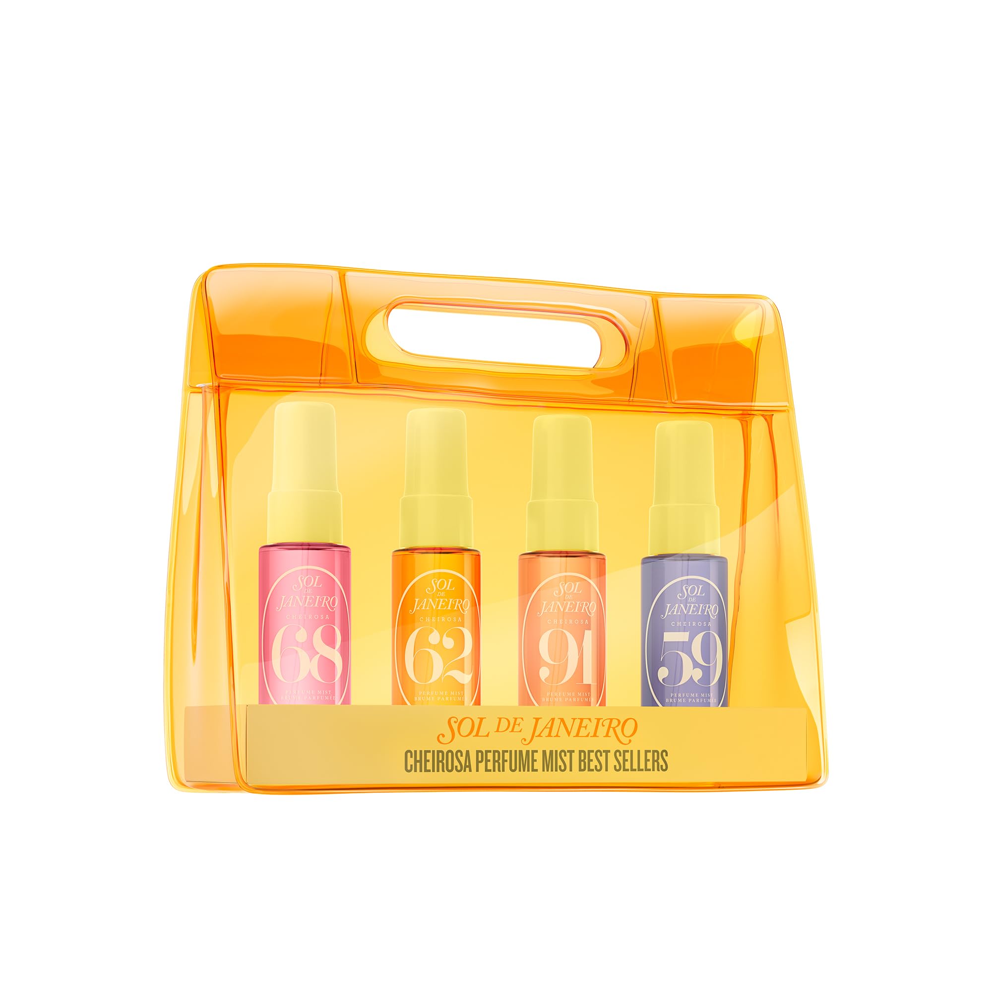 Sol de Janeiro set front packaging showing all four travel mists and bag, easy gifting
