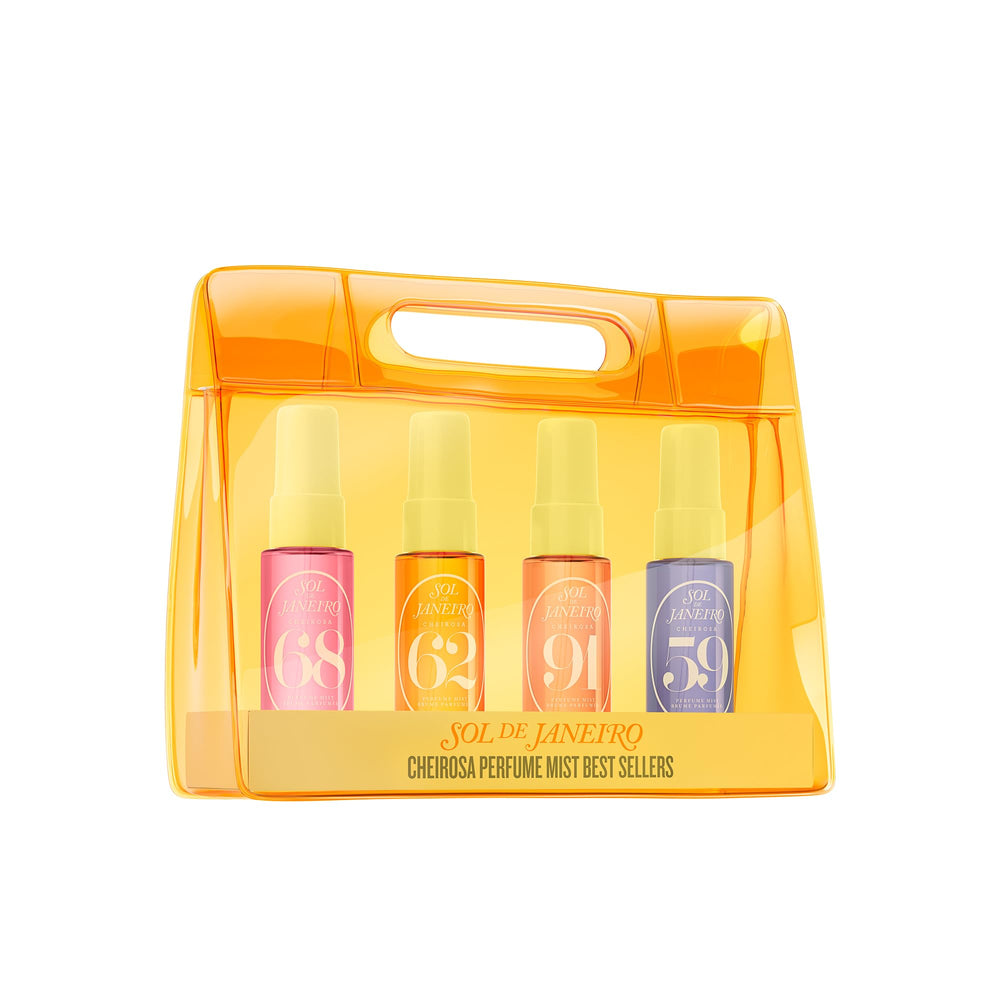 Sol de Janeiro set front packaging showing all four travel mists and bag, easy gifting