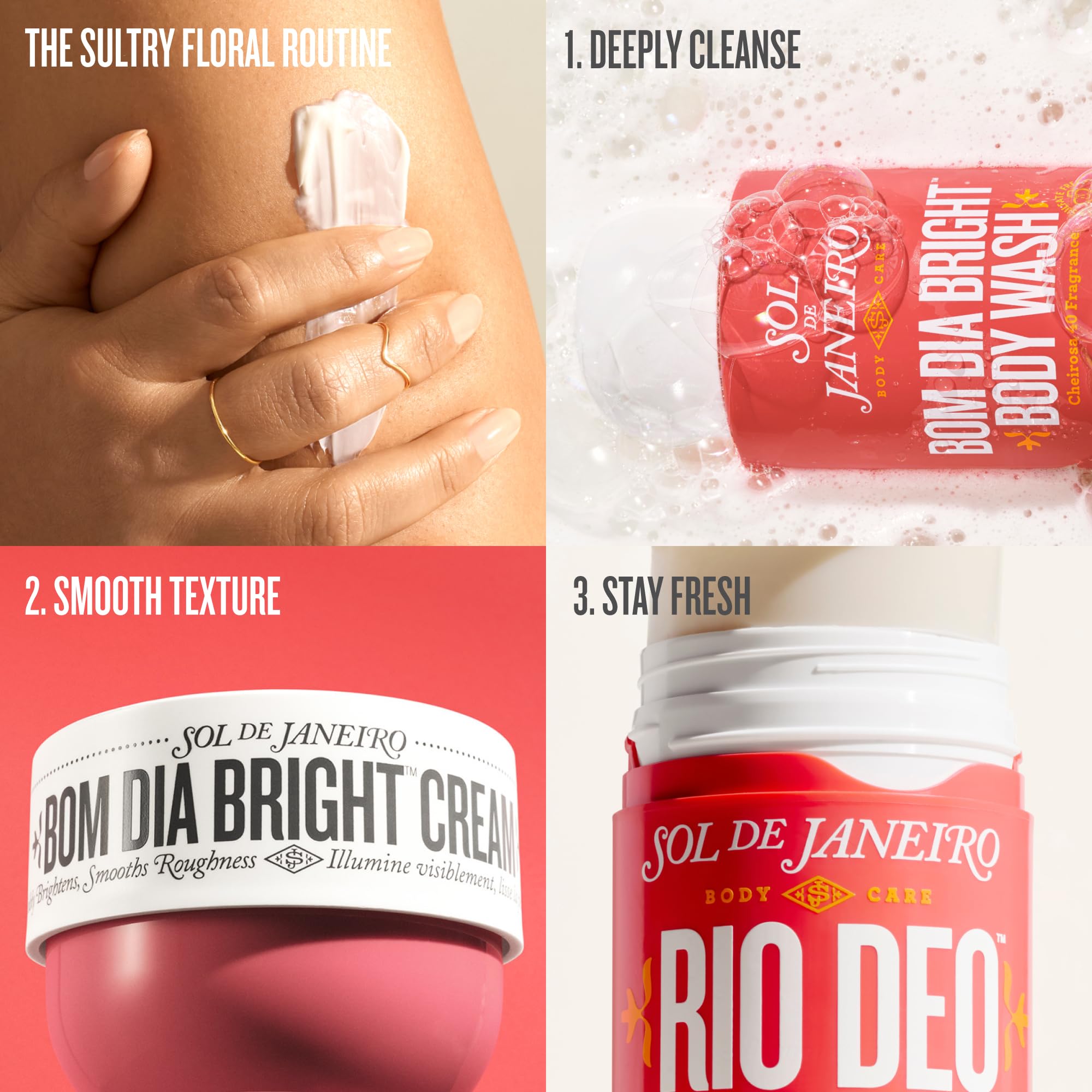 Sol de Janeiro on bathroom shelf lifestyle scene suggesting daily routine freshness