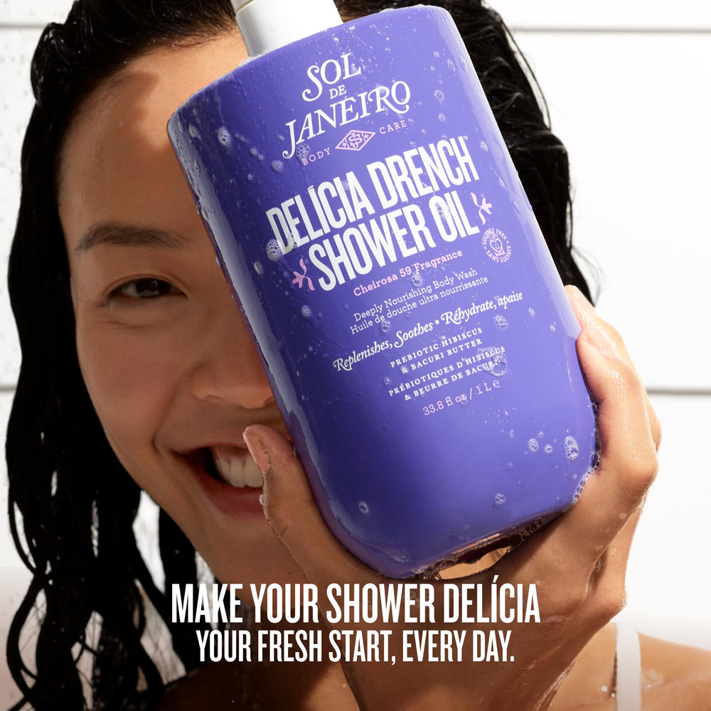 Sol de Janeiro bottle staged on bathroom shelf suggesting luxury routine benefit