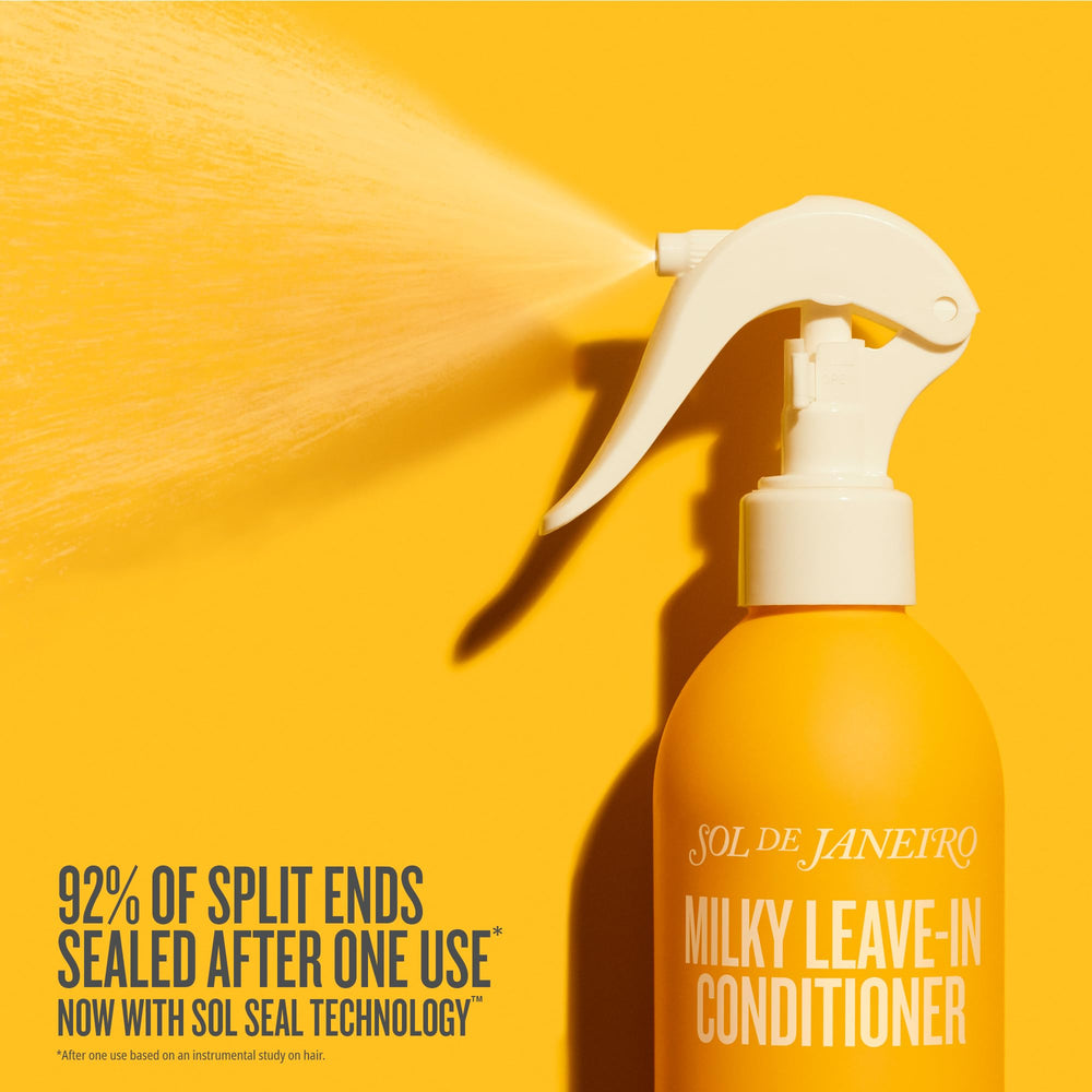 Flatlay with Sol de Janeiro shampoo, conditioner, and leave-in showing routine synergy