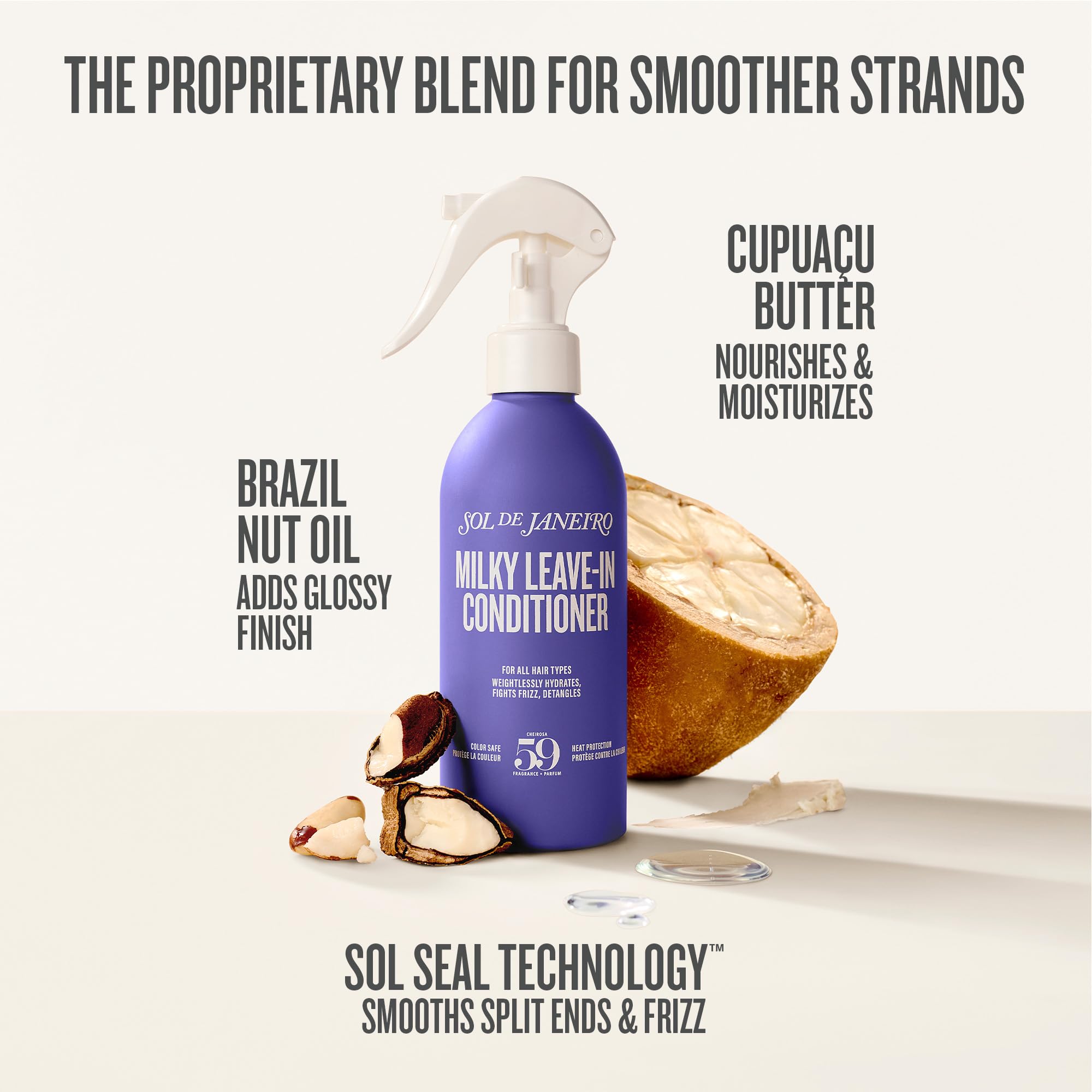 Sol de Janeiro being spritzed onto damp hair to detangle and protect