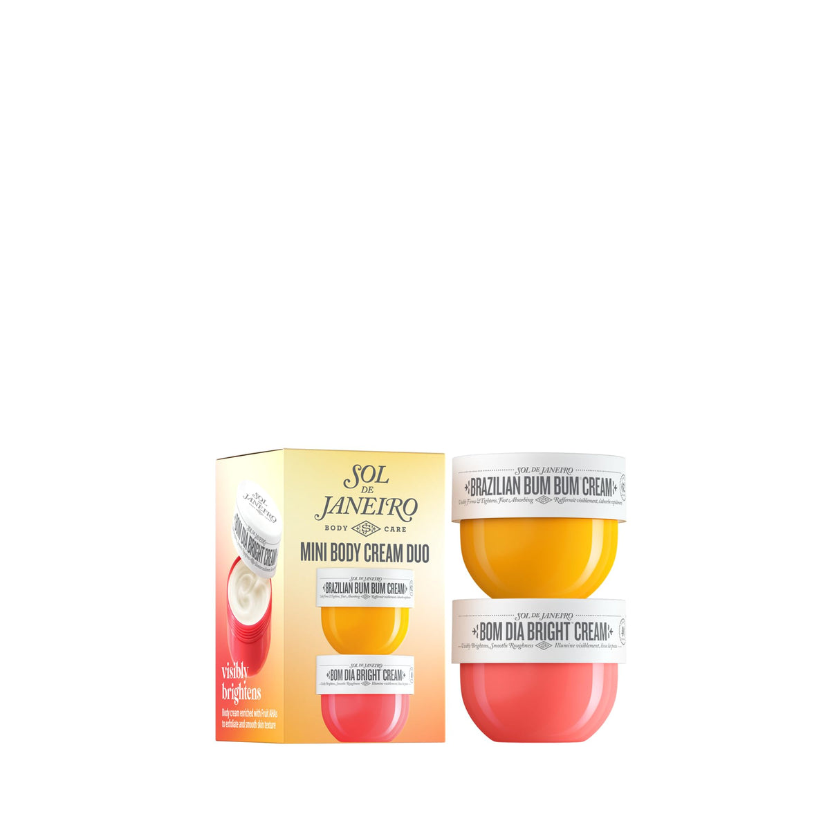 Sol de Janeiro mini duo front packaging showing travel cream set benefits