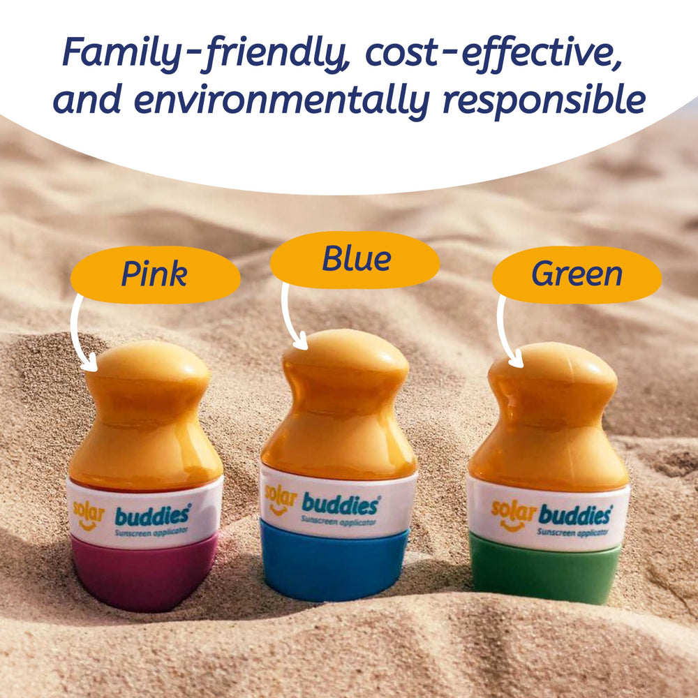 Solar Buddies applicator in use on child arm offering quick, mess-free sunscreen application