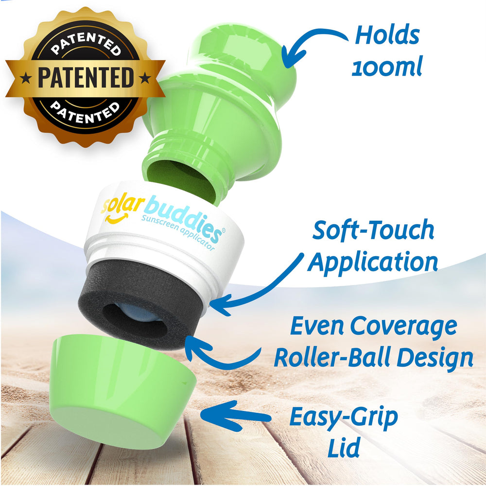 Solar Buddies roller close-up showing smooth dispenser for even sunscreen spread