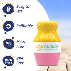 Solar Buddies roller detail and 100ml neck marker demonstrating controlled dispensing and travel compliance