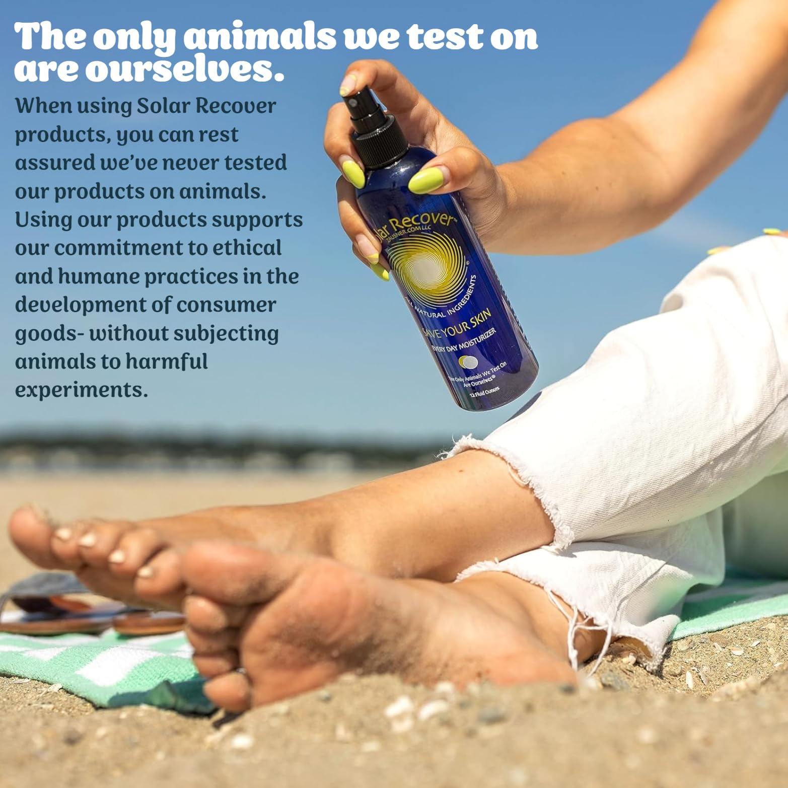 Solar Recover bottle in beach setting for post-sun cooling and relief