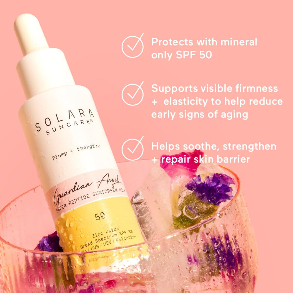 Solara Suncare close-up label highlighting peptide and SPF information benefit