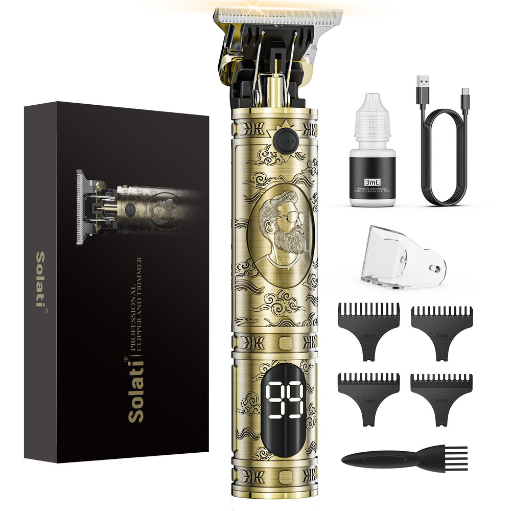 Solati front view of cordless clippers showing sleek body and T-blade, professional control