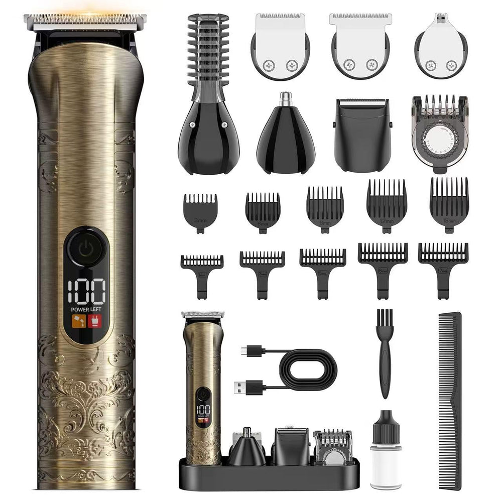Solati front view gold trimmer showing complete grooming kit and versatility