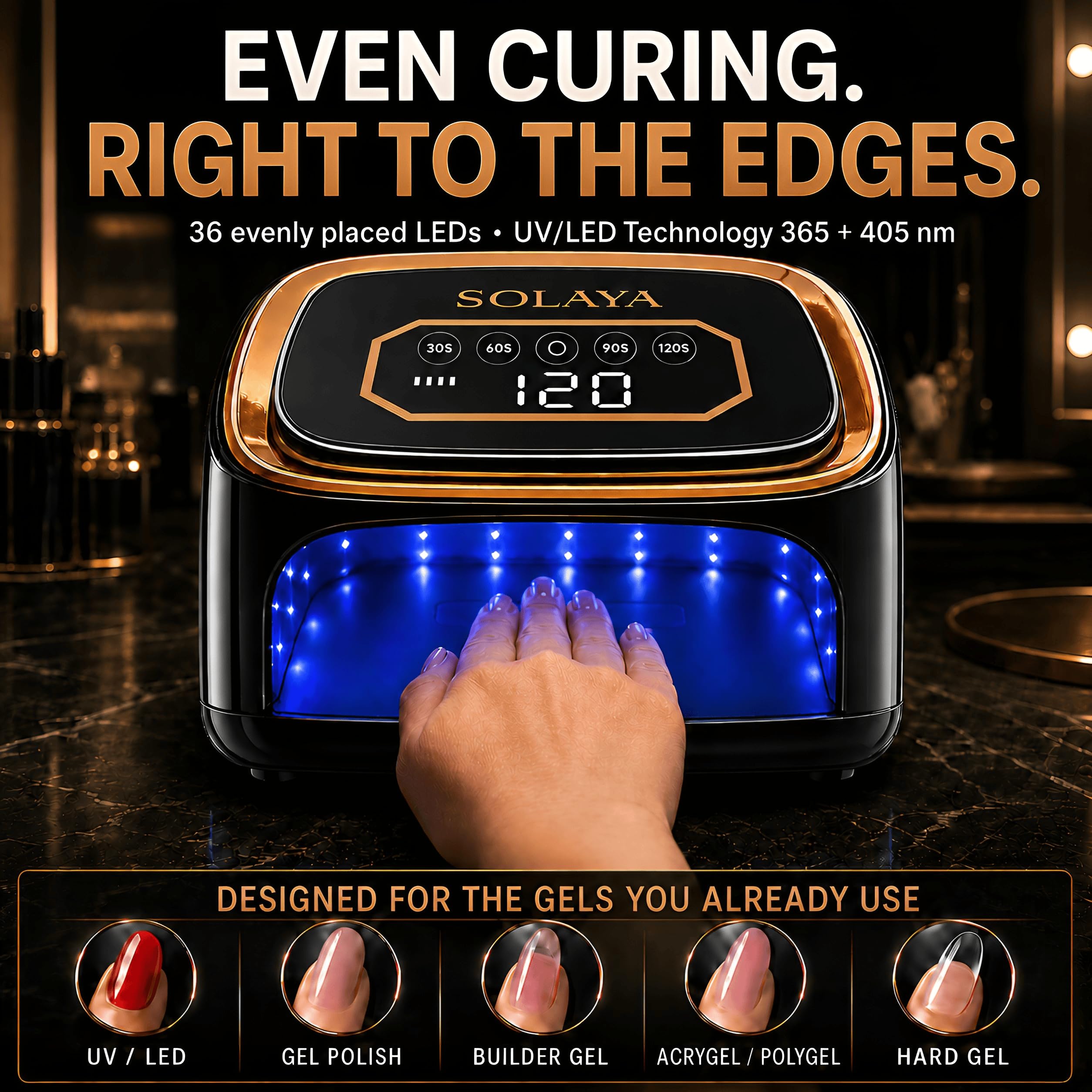 SOLAYA LumiCore battery indicator detail showing rechargeable power for multiple sessions