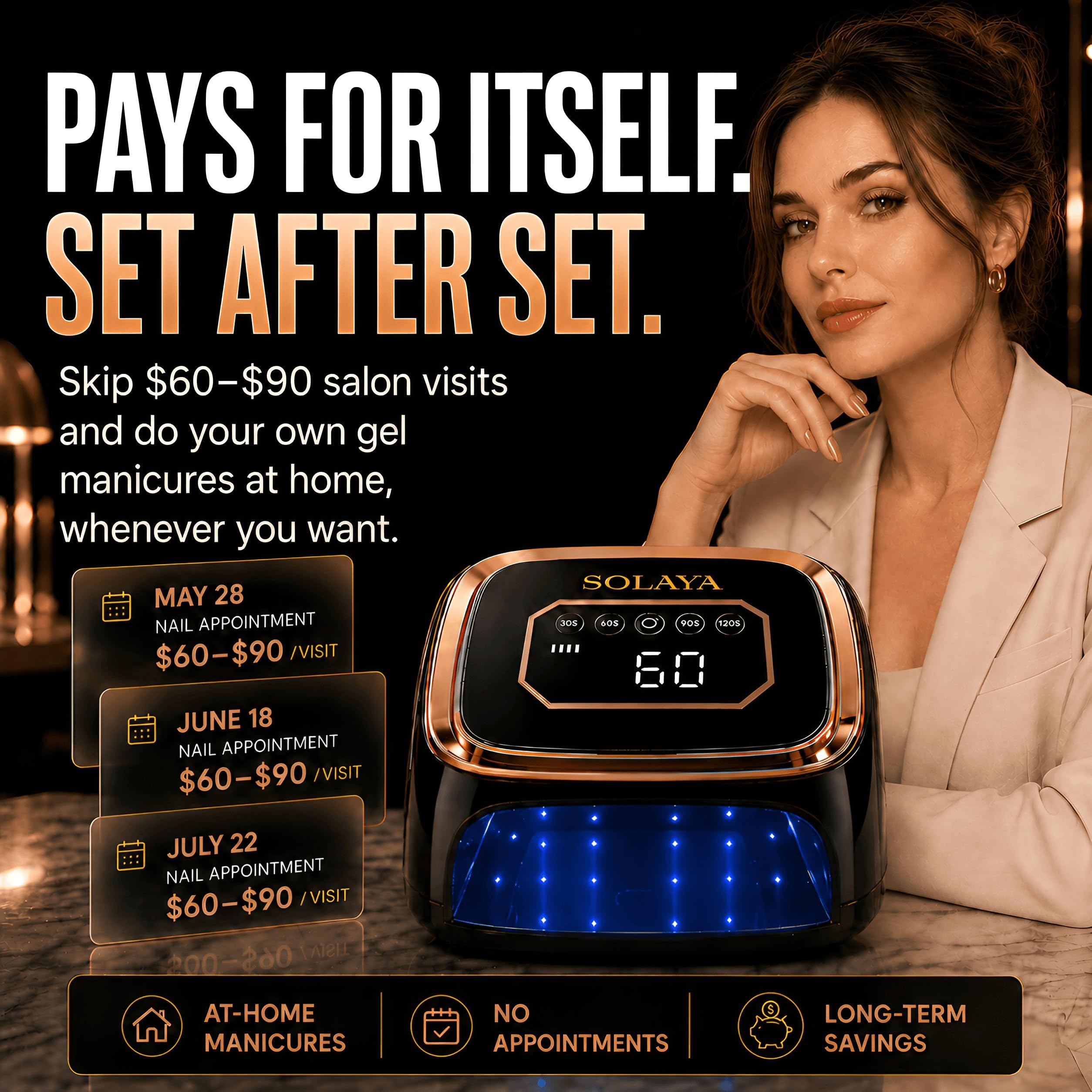 SOLAYA LumiCore on vanity lifestyle shot showing portable salon-quality finish