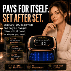 SOLAYA LumiCore on vanity lifestyle shot showing portable salon-quality finish