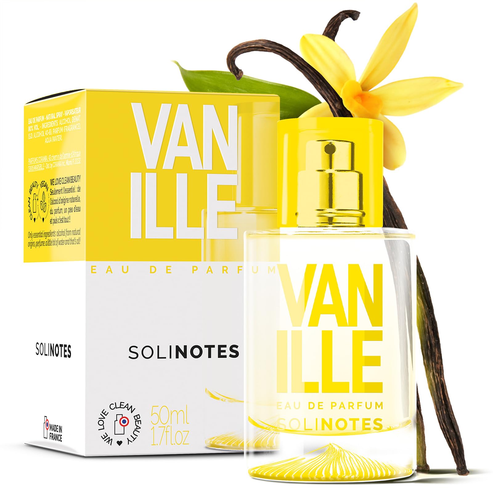 Solinotes front bottle showing minimalist vanilla perfume branding and clean design benefit