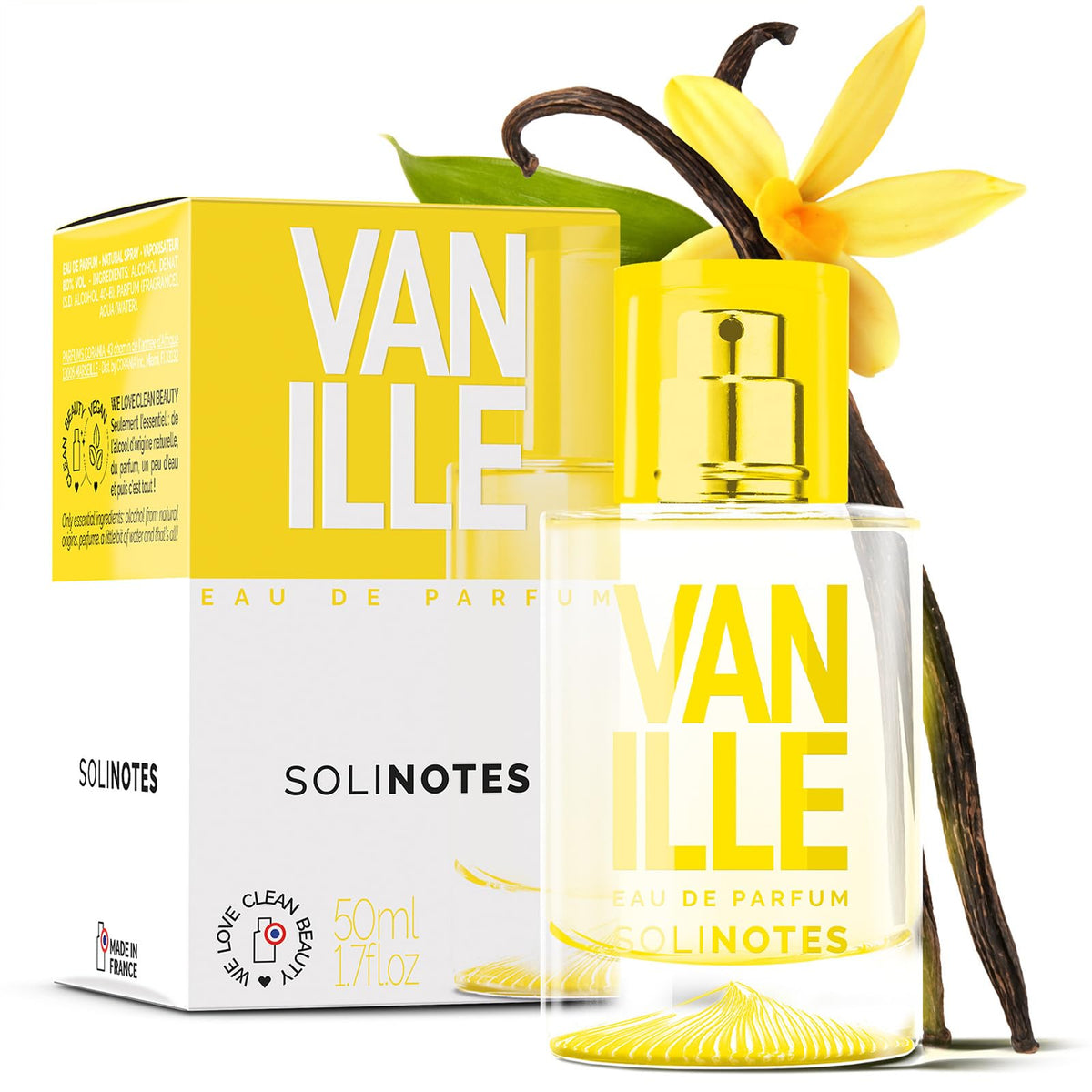Solinotes front bottle showing minimalist vanilla perfume branding and clean design benefit